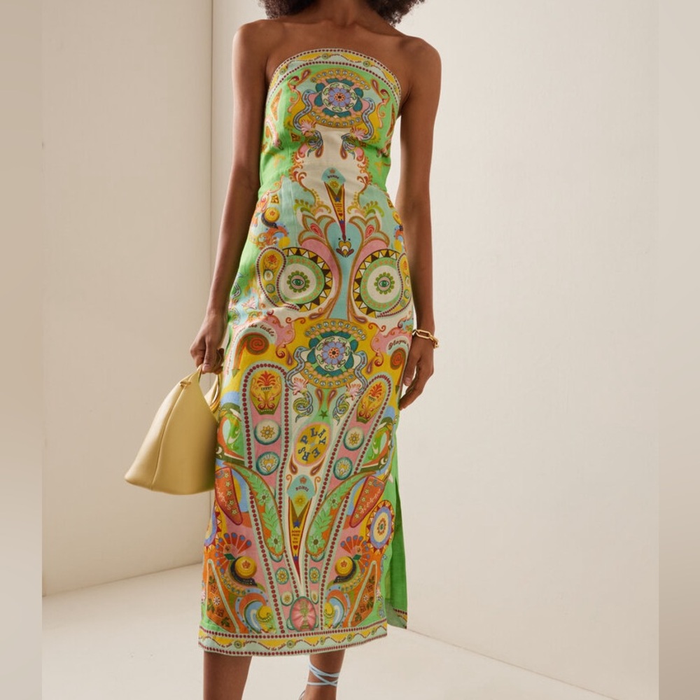 ALEMAIS Pinball Strapless Printed Linen-Silk Midi Dress